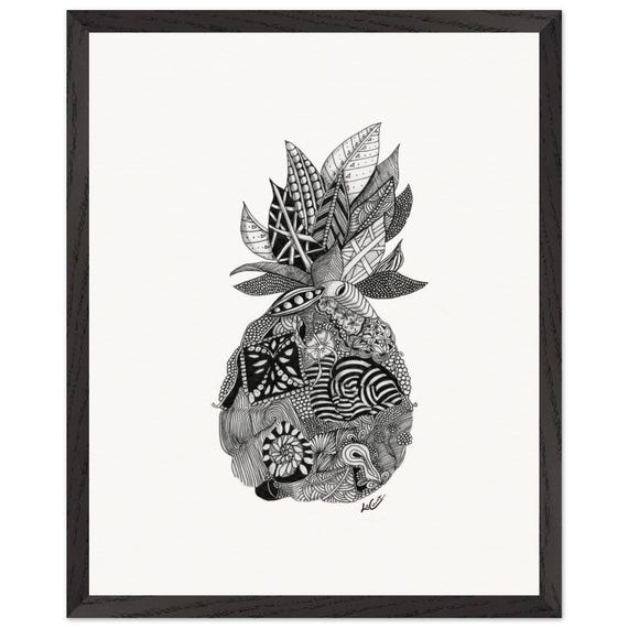 Framed Pineapple Print: Black and White Pen & Ink Tropical Wall Art