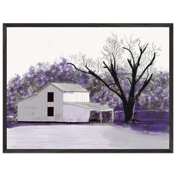 Cozy Country Charm: Winter Barn Landscape Print for Homestead Decor