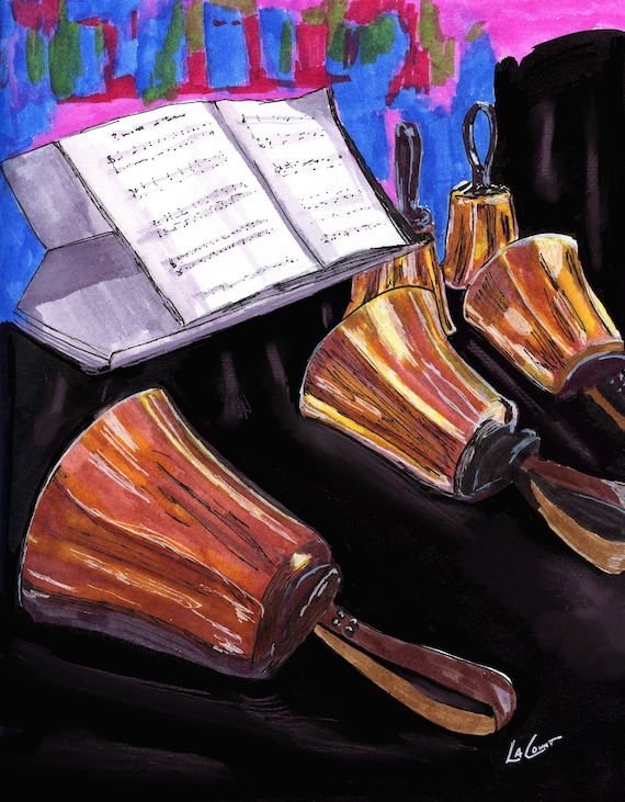 Handbells print unframed from the watercolor by LaCount Anderson.  Great handbell choir gift. Gift for someone special who rings handbells