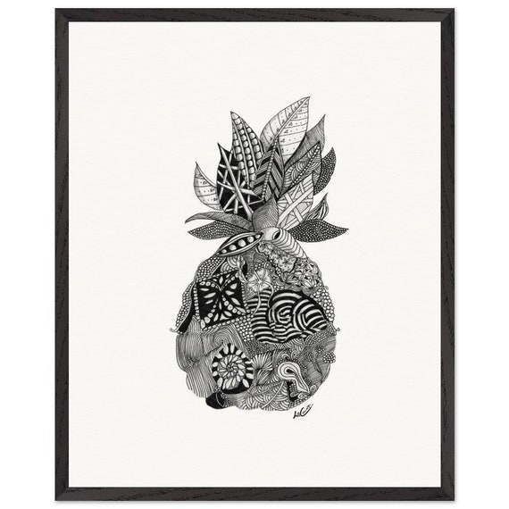 Pineapple Zentangle art wall art in pen and ink. A perfect pineapple house gift and great for office