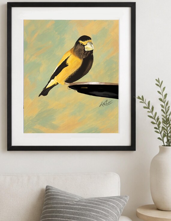 Evening Grosbeak Print: Abstract Green Art