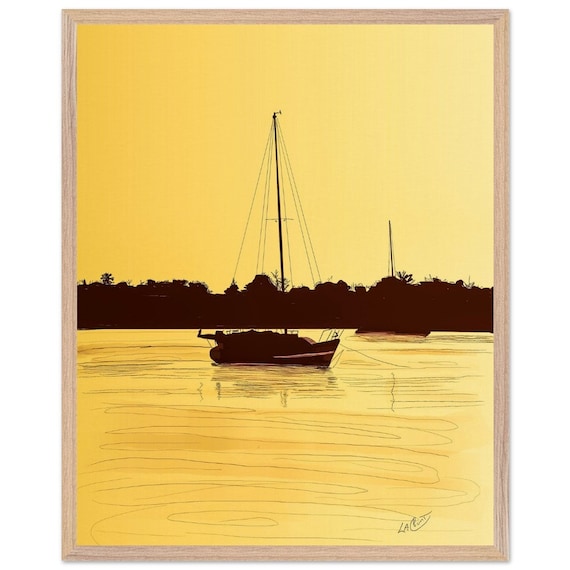 Vibrant yellow sunset sailboat art print, beautiful seascape decor for home, perfect gift for sailing enthusiasts or nature lovers.