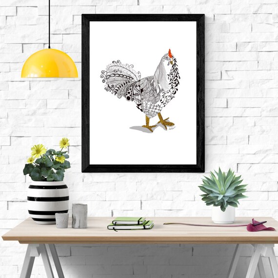 Framed Happy Chicken Giclee Print: Whimsical Farmhouse Art