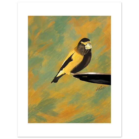 Evening Grosbeak Print: Abstract Green Art with White Border