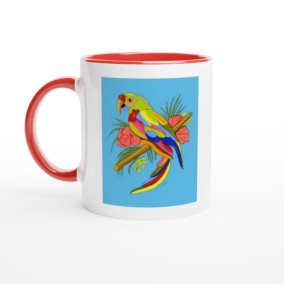Parrot Ceramic coffee mug a coffee gift of birds of paradise.This Parrot art coffee mug a great coffee gift for her or for a parrot dad gift