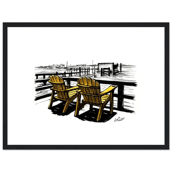 Coastal Retreat – Yellow Chairs on Dock Art Print | Nautical Wall Art | Beach House Decor | Waterfront Painting by LaCount Anderson