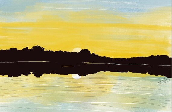 Lake Wilson Sunset Print: Matted Eastern NC Watercolor Landscape