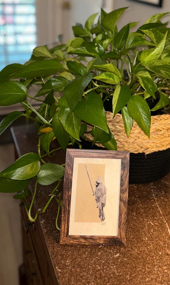 Framed Cardinal Art Print – 4x6 Wooden Frame, Cottagecore Bird Wall Decor