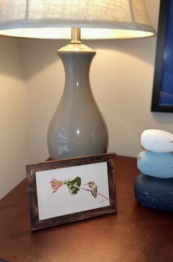 Framed Hummingbird Art Print – 4x6 Wooden Frame, Cottagecore Bird Wall Decor