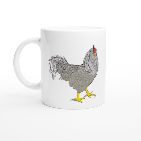 White 11oz Chicken Ceramic Mug a great chicken mom gift for a chicken lover.  chicken mug is a great gift for her or a great gift for him.