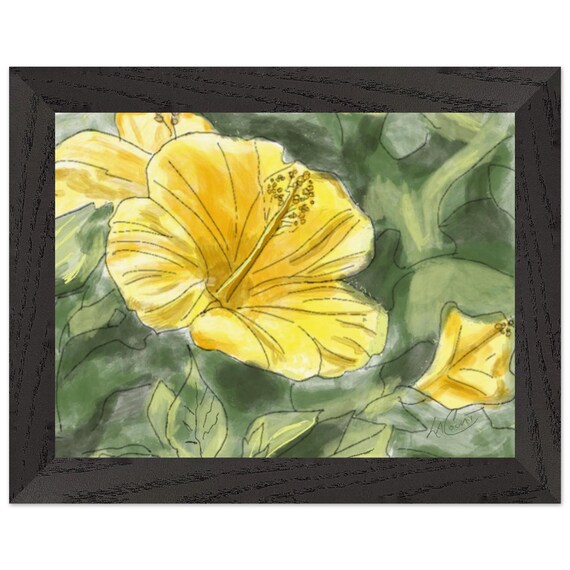 Framed Yellow Hibiscus Watercolor Art Print: Tropical Home Decor (6x8)