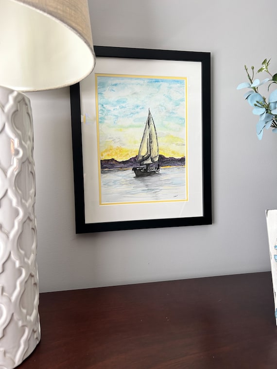 Original Watercolor Art (only one in the world) | Sailboat at Sunset Framed & Matted Nautical Decor.