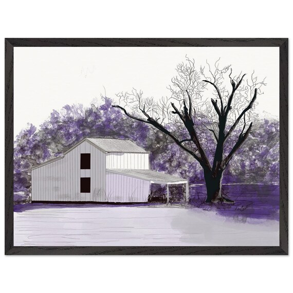 Cozy Country Charm: Winter Barn Landscape Print for Homestead Decor