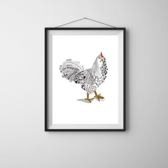 Framed Happy Chicken Giclee Print: Whimsical Farmhouse Art