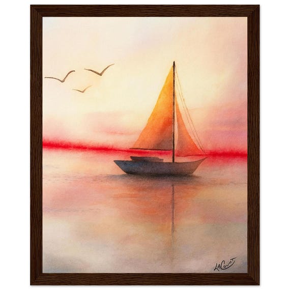 Sunrise Sail Boat Framed Print - Watercolor Art by LaCount Anderson for Beach & Lake Houses