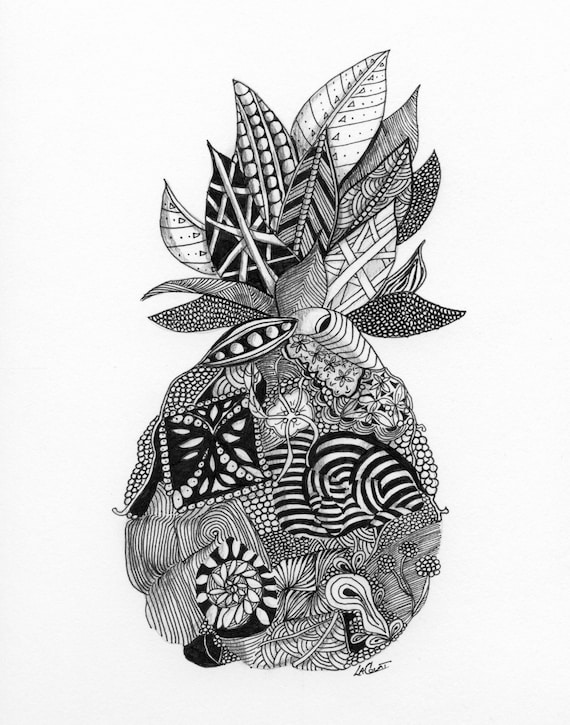 Pineapple Zentangle art 11x14 matted wall art in pen and ink a perfect pineapple house gift and great for office