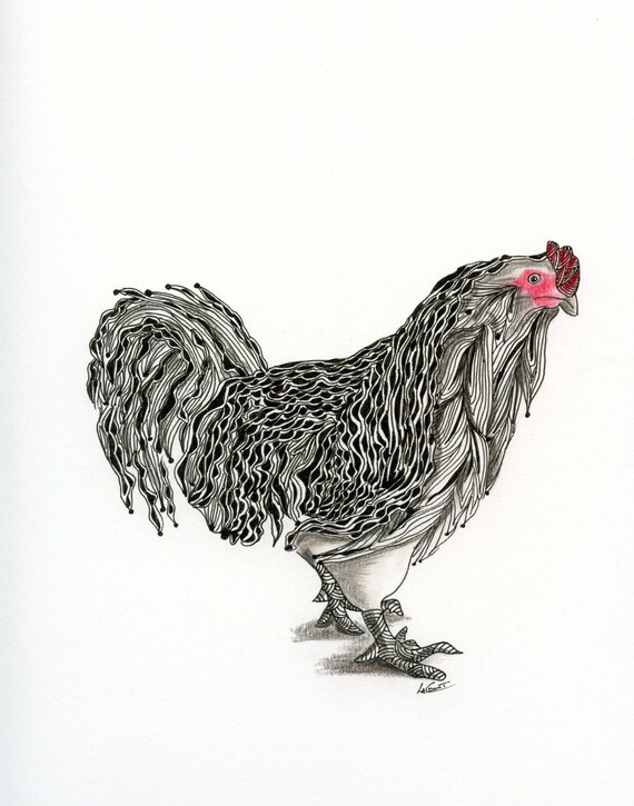 Happy Chicken Matted Print, Charming Whimsical Art on White Background for Unique Home Decoration, Perfect Gift for Animal Lovers