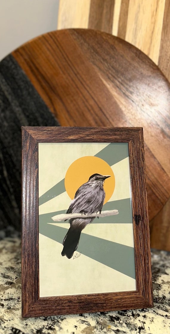 Gray Catbird Art Print – 4x6 Natural Wood Frame, Cottagecore Bird Wall Decor
