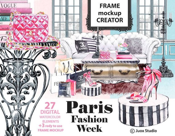 Paris Fashion Week Frame Mockup Creator Watercolor Painting Clipart