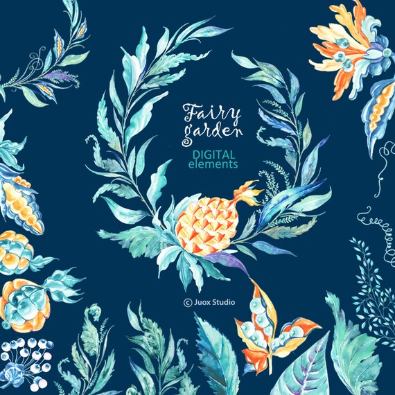 pineapple Garden wonderland stickers Fairy Flowers Wedding invitation Watercolor Painting Clipart digital frames /& bouquets