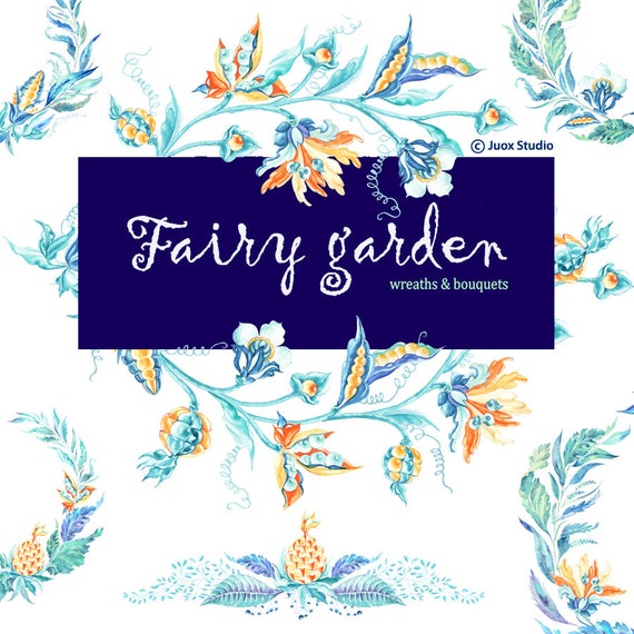 pineapple Garden wonderland stickers Fairy Flowers Wedding invitation Watercolor Painting Clipart digital frames /& bouquets