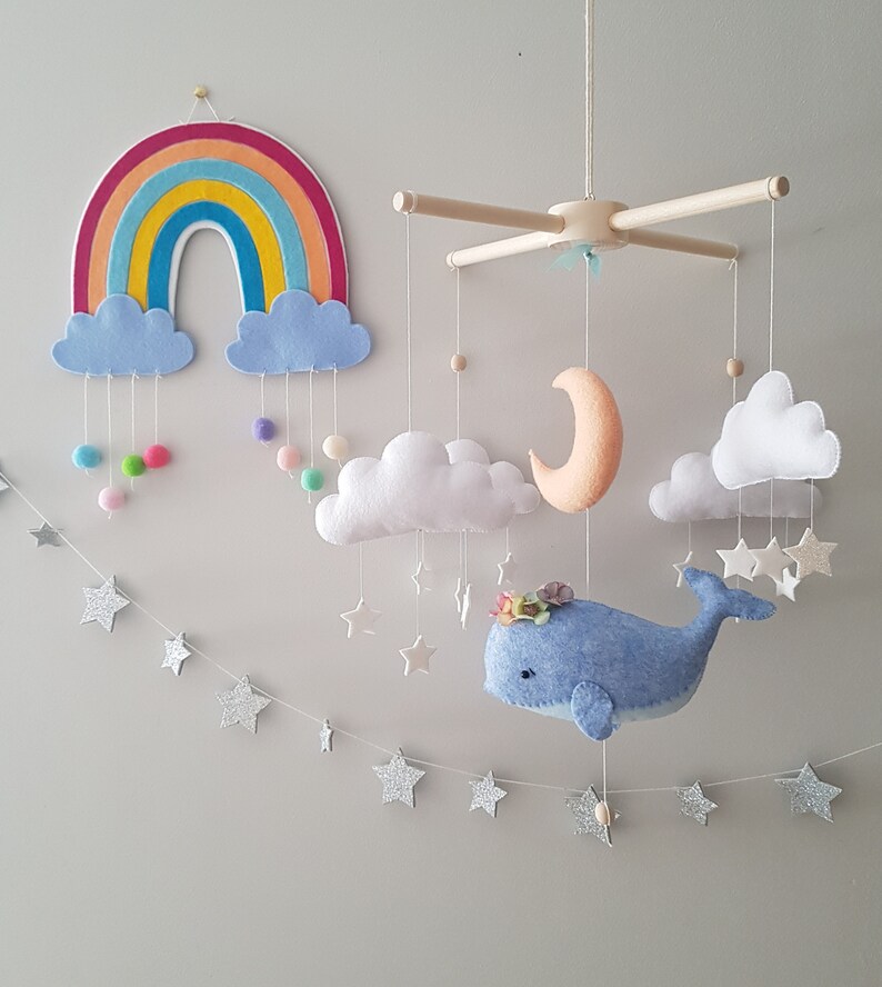 Whale Baby Mobile Moon Mobile Blue Whale Nursery Mobile Etsy