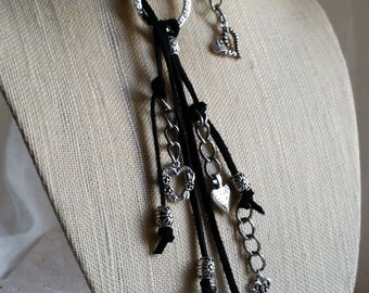 Boho Rocker Lariat Heart Key Charms Choker, Suede Cord Wrap Lariat Necklace Boho Bracelet Metal Chains Slave Collar Gothic Chains Necklace