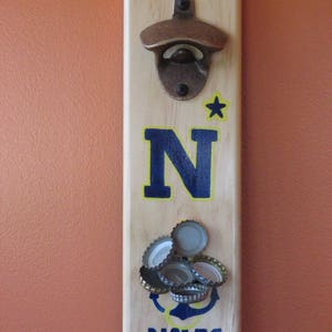 Navy Wall Mounted Wooden Magnetic Bottle Opener with magnetic cap catcher bottle cap catching opener image 2