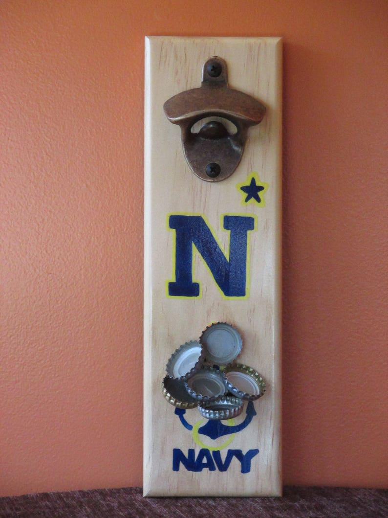 Navy Wall Mounted Wooden Magnetic Bottle Opener with magnetic cap catcher bottle cap catching opener image 2