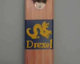 Drexel University Wall Mounted Bottle Opener with magnetic cap catcher bottle cap catcher opener