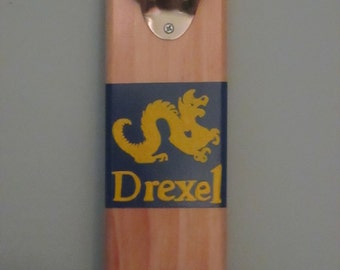 Drexel University Wall Mounted Bottle Opener with magnetic cap catcher bottle cap catcher opener