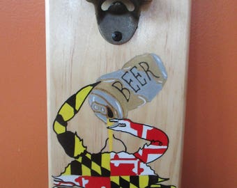 Maryland Flag Crab Drinking Beer Wooden Bottle opener with magnetic cap catcher bottle cap catcher opener