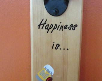 Happiness Is....Crabs and Beer! Wall Mounted Wooden Magnetic Bottle Opener with magnetic cap catcher bottle cap catcher opener