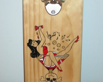 Sailor Jerry Tattoo-Like Girl in Glass  Wooden Wall Mounted Bottle opener with magnetic cap catcher bottle cap catching opener