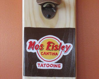 Star Wars Mos Eisley Cantina Tatooine  Wooden Wall Mounted Bottle opener with magnetic cap catcher bottle cap catching opener