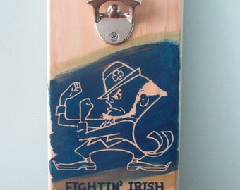 Notre Dame Fightin' Irish Wall Mounted Wooden Bottle Opener with magnetic cap catcher bottle cap catching opener