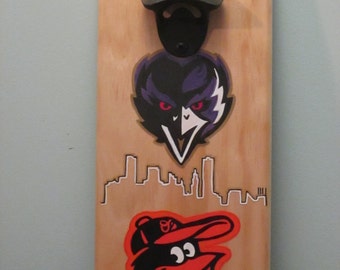 Baltimore Skyline Ravens Orioles Angry Birds Wall Mounted Wooden Magnetic Bottle Opener with magnetic cap catcher bottle cap catcher opener