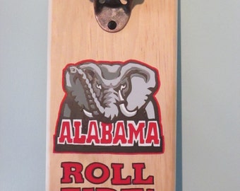 University of Alabama Crimson Tide Roll Tide Wooden Bottle opener with magnetic cap catcher bottle cap catching opener