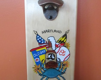 Maryland Icons natty boh, old bay, ravens, Orioles, flag,  Wooden Bottle opener with magnetic cap catcher bottle cap catching opener