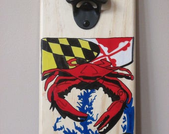 Crab over Chesapeake Bay Maryland Flag Wall Mounted Wooden Magnetic Bottle Opener with cap catcher bottle cap catcher opener