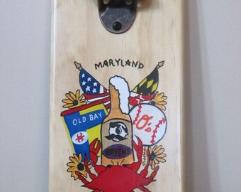 Maryland Icons Wall Mounted Wooden Magnetic Bottle Opener with magnetic cap catcher bottle cap catching opener