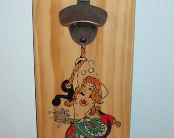 Mermaid on rope Sailor Jerry Tattoo-Like  Wooden Wall Mounted Bottle opener with magnetic cap catching feature