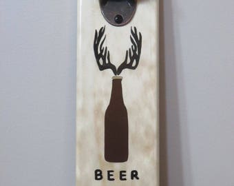 BEER HUNTER  Wall Mounted Wooden Magnetic Opener  magnetic cap catcher bottle cap catching opener