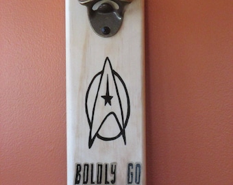 Star Trek Boldly Go.... Wooden Bottle opener with magnetic cap catcher bottle cap catching opener