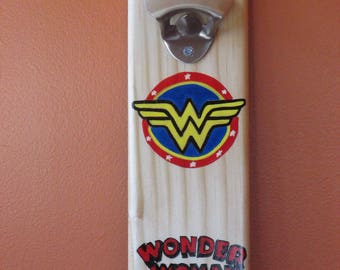 Wonder Woman Wooden Wall Mounted Bottle opener with magnetic cap catcher bottle cap catching opener