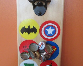 Super Hero Symbols Wooden Bottle opener with cap catcher bottle cap catcher opener