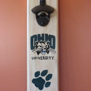 The Ohio University Bobcats Wooden Bottle opener with magnetic cap catcher bottle cap catching opener image 1