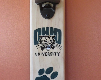 The Ohio  University Bobcats Wooden Bottle opener with magnetic cap catcher bottle cap catching opener
