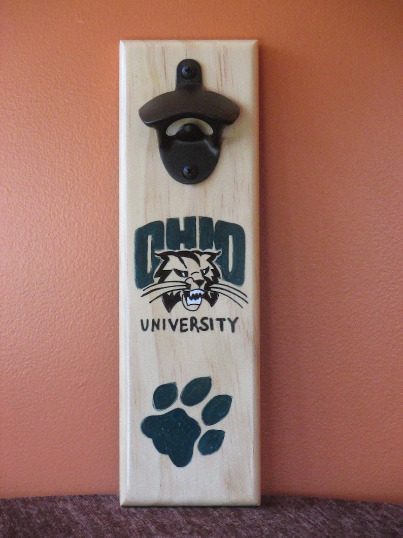 The Ohio University Bobcats Wooden Bottle opener with magnetic cap catcher bottle cap catching opener image 1