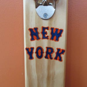 New York Mets Wall Mounted Wooden Magnetic Bottle Opener with magnetic cap catcher bottle cap catching opener